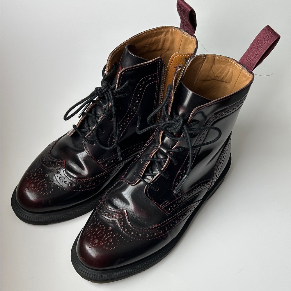 Dr. Martens Arcadia Delphine 8-Eye Dark Burgundy Brogue Boots "Cherry Red"